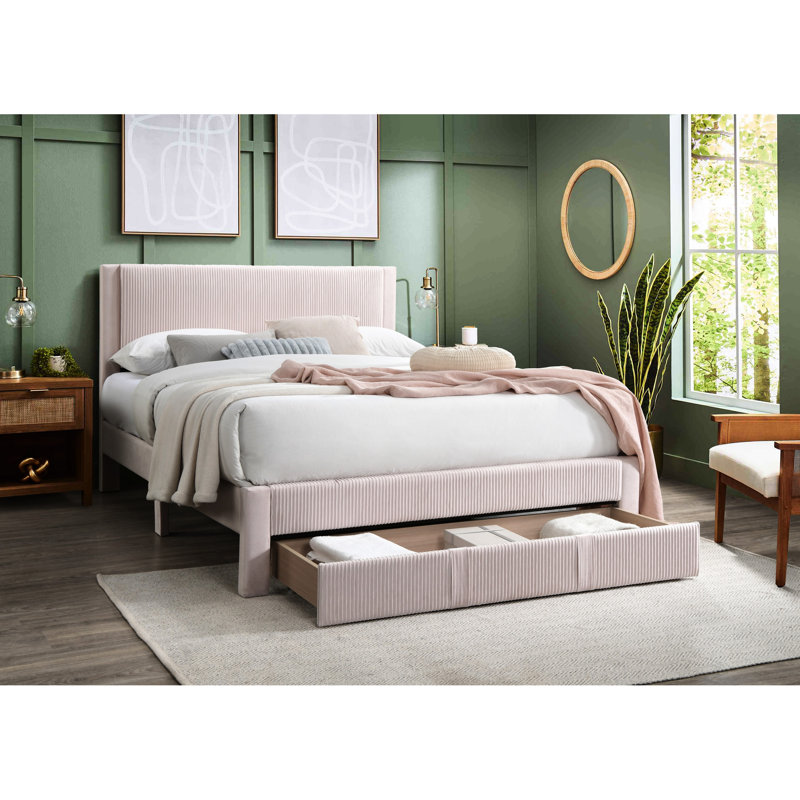 Élégant grand lit avec tiroir sous le lit et revêtement en velours côtelé, parfait pour les chambres modernes et chics
