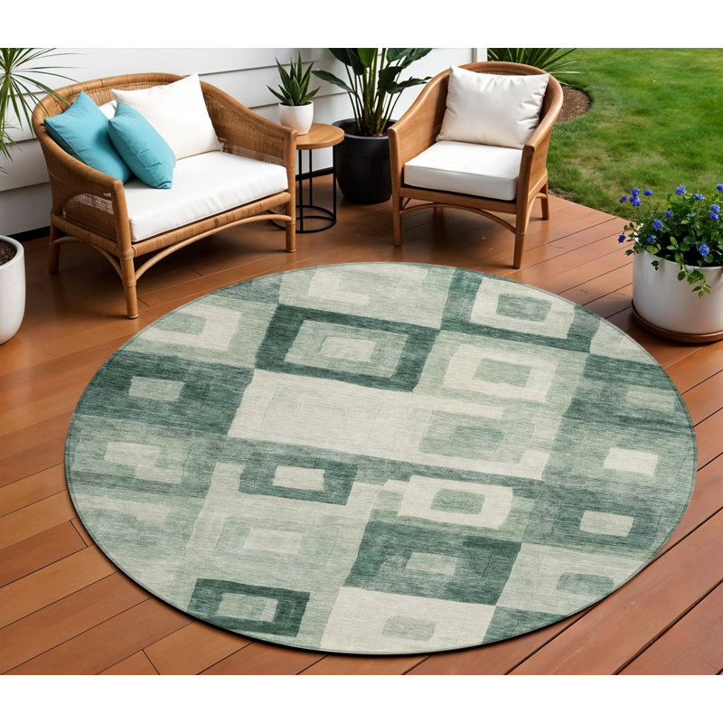 Tapis intérieur / extérieur rond rond 8 pi vert et ivoire 8 po