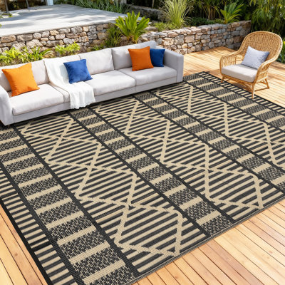Tapis d'extérieur 8 pi x 10 pi en polypropylène tissé réversible avec finition imperméable, tapis de patio à motif géométrique pour terrasse, porche, cour ou plage
