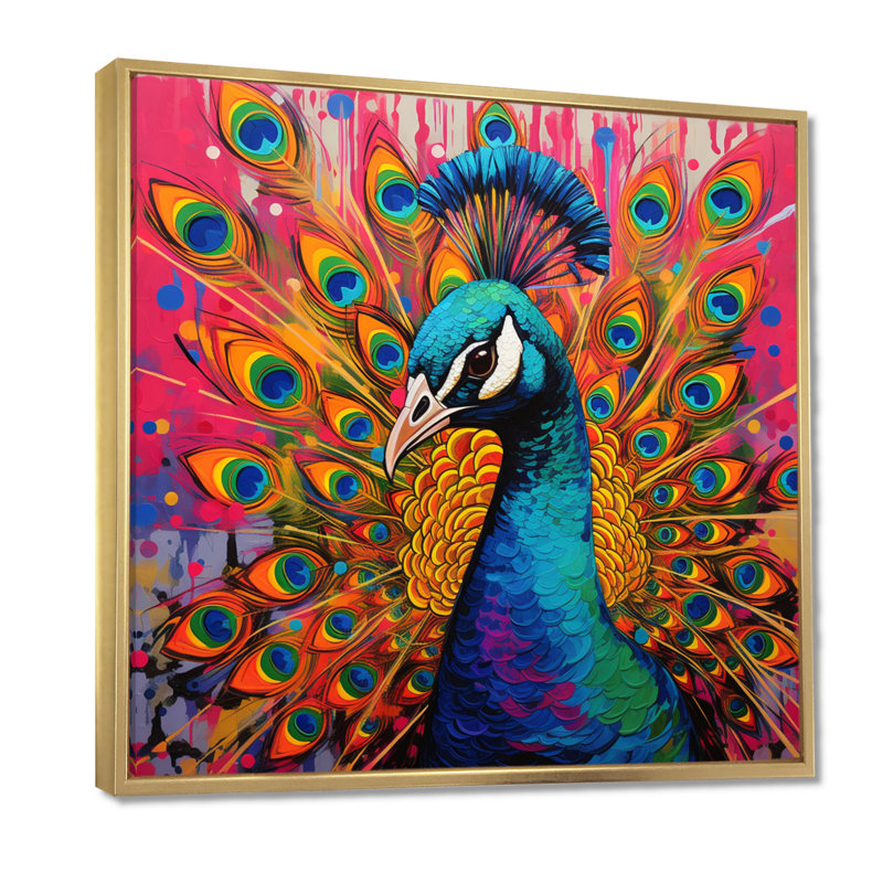 Bleu sarcelle, Pop Art, paon - paon, art mural sur toile, 44" H x 44" W, Cadre flottant doré