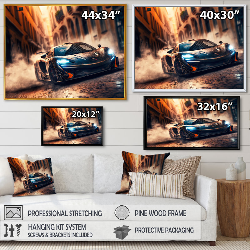 «Futuristic Bugatti Sports Car Racing IV», reproduction sur toile, Cadre flottant doré, H 12 po x l 20 po x P 1 po