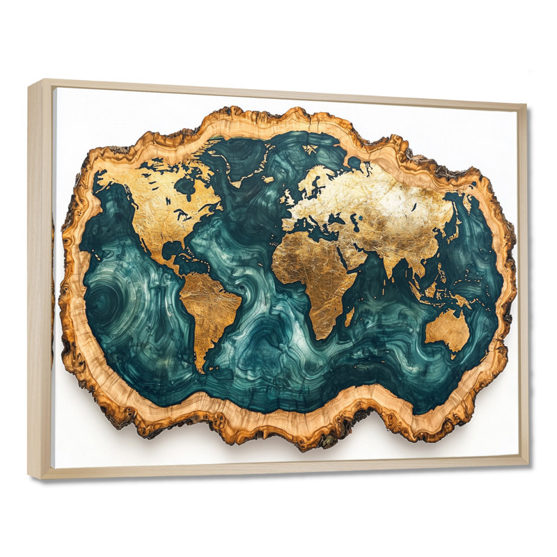Schutte Emerald Crystals World Map Wood Slide II - carte du monde, art mural, Impression encadrée flottante, Crème, crème