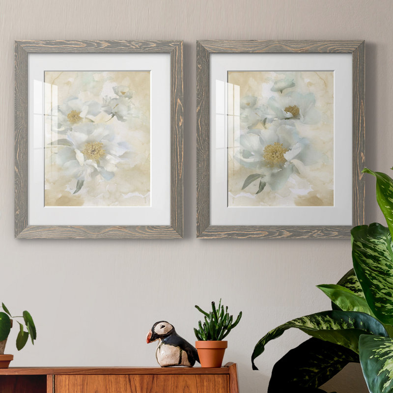 Douces pivoines I - ensemble de 2 reproductions d'art, H 20 po x l 17 po x P 1 po, Cadre en papier gris, Blanc