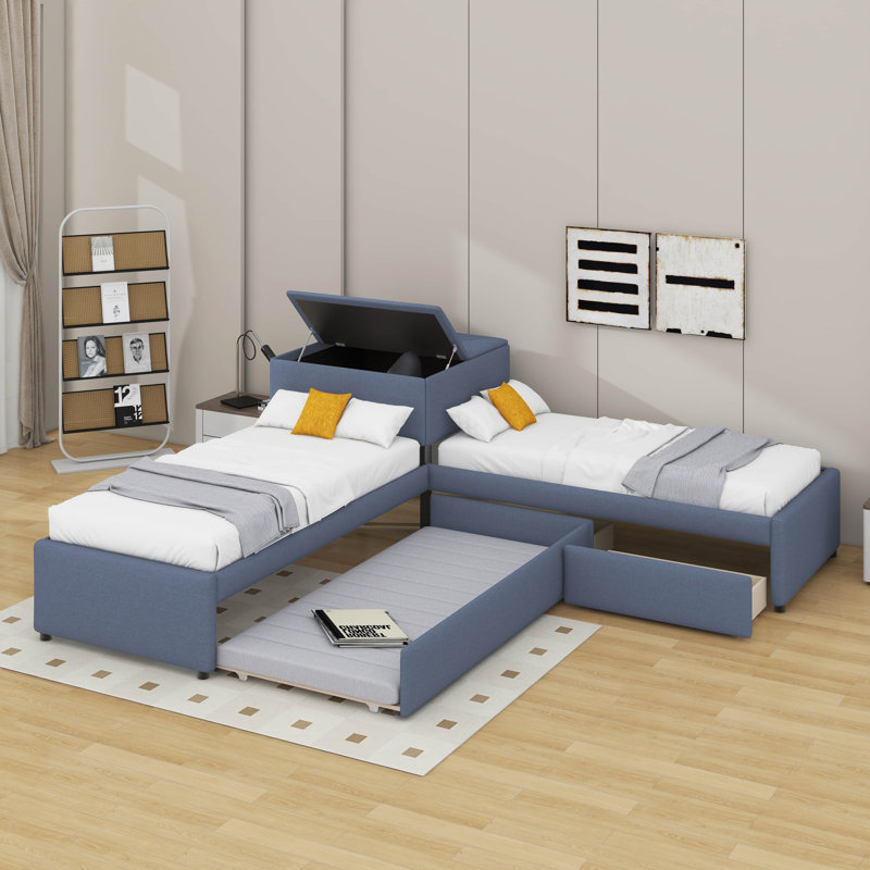 Lit plateforme simple tapissier en forme de L avec lit gigogne et 2 tiroirs reliés par un bureau intégré