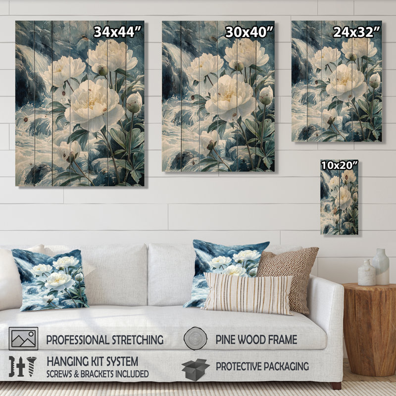 Peonies By The Mountain River I - Peonies Wood Print - On Natural Pine Wood, 32" H x 24" W x 0.78" D