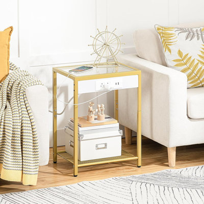 Table d'appoint avec station de charge, table de bout avec port USB, table de chevet pour espaces restreints, verre trempé, structure en métal moderne, pour bureau, chambre à coucher, salon, bureau, doré GD76UBZ01