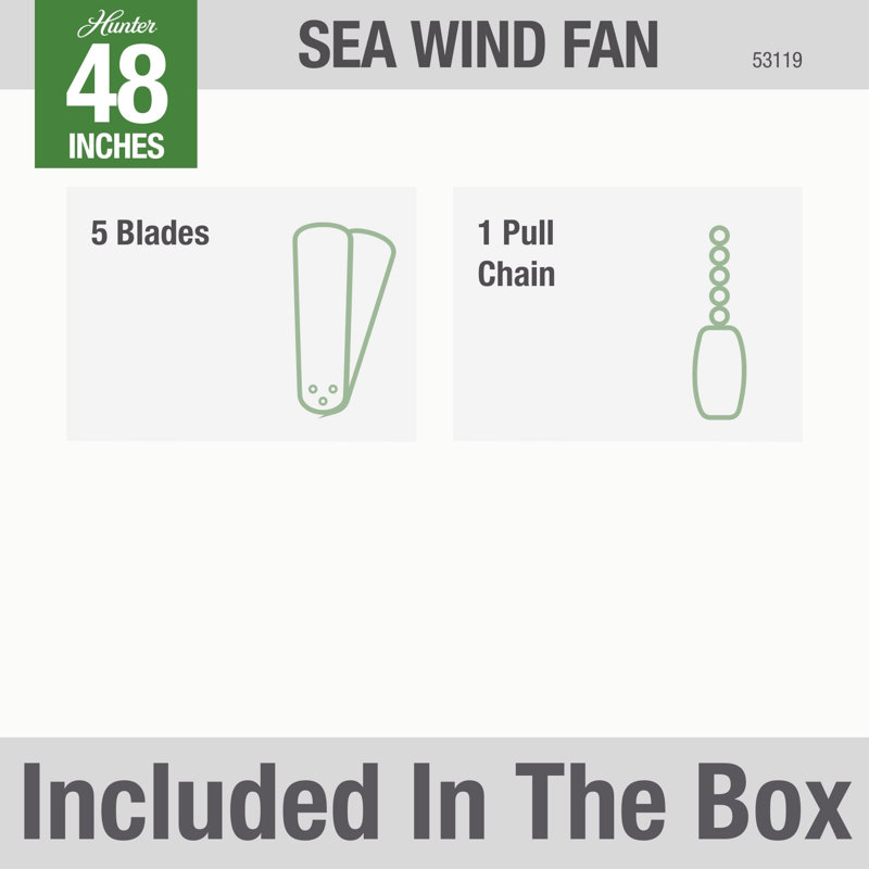 48" Sea Wind 5 - Blade Flush Mount Outdoor Ceiling Fan with Pull Chain, White