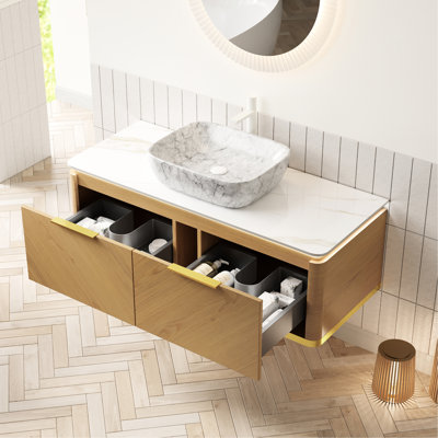 Meuble-lavabo 48 po avec rangement flottant, tiroirs, poignées dorées, auto-détection, pierre frittée et marbre blanc