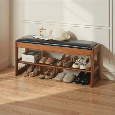 A 40-Inch Wooden Shoe Stool With PU Pads, A 2-Layer Shoe Rack Entrance Bench With Storage Boxes, And Durable Wooden Stools For Entrances, Corridors, Living Rooms, Bedrooms, And Closets