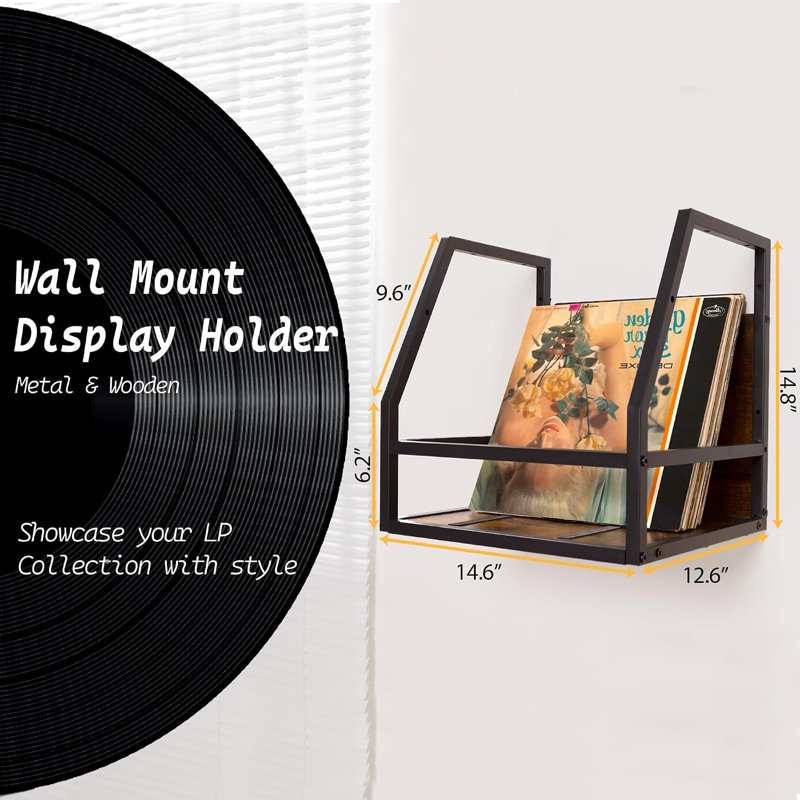 Boîte de rangement 2 en 1 pour disques vinyles, ensemble de 2 supports en bois pour LP, fixation murale ou de bureau, organisateur d'albums en métal, peut contenir plus de 80 disques, brun