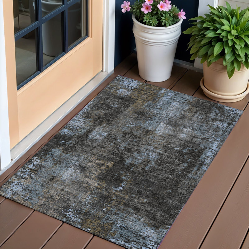 Tapis extérieur lavable abstrait graphite gris anthracite et argent 3 pi x 5 pi