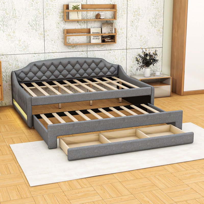 Full Size Daybed with Twin Trundle and Drawers,LED Light, Gray