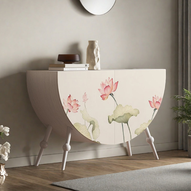 Wooden double-door semi-circular accent cabinet, Ivory White