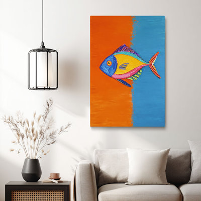 Vibrant “Colorful Fish on Orange & Blue Split Backdrop (Playful Tone)” Split-Background Fish Canvas Wall Art Stretched Frame for Eclectic Studio