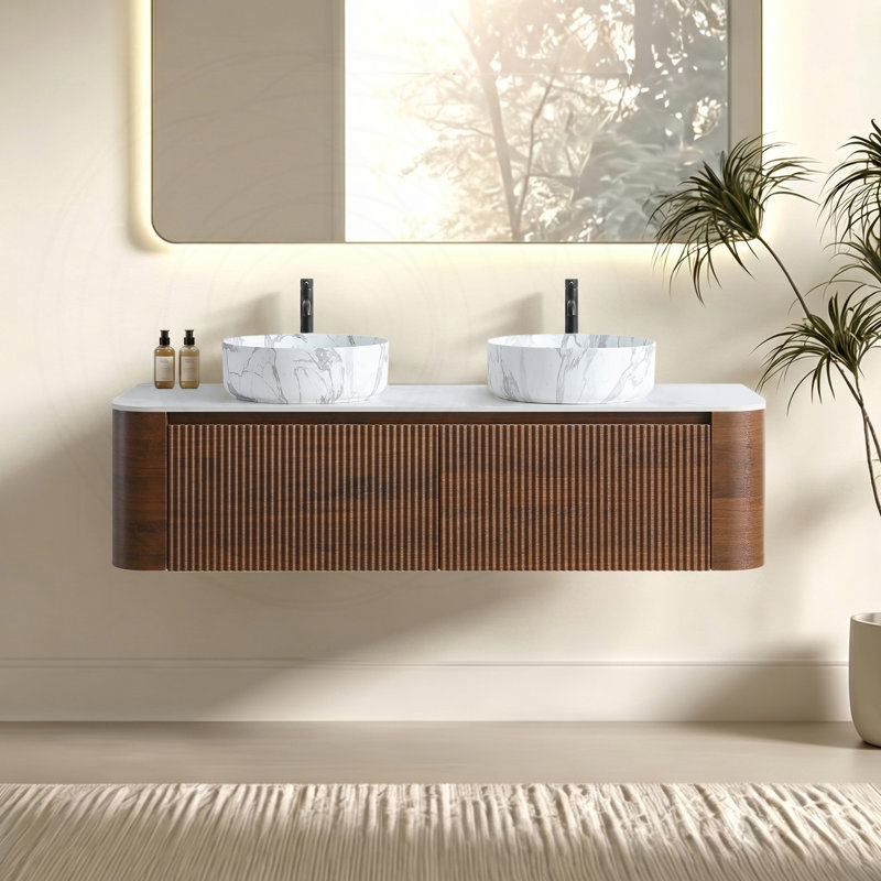 Meuble-lavabo double 60 po avec lavabo blanc Carrara et porte-serviettes 60 po, Walnut, L 60 po