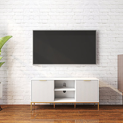 Meuble télé moderne avec portes ondulées, tablette ouverte et tablette réglable, console de télévision