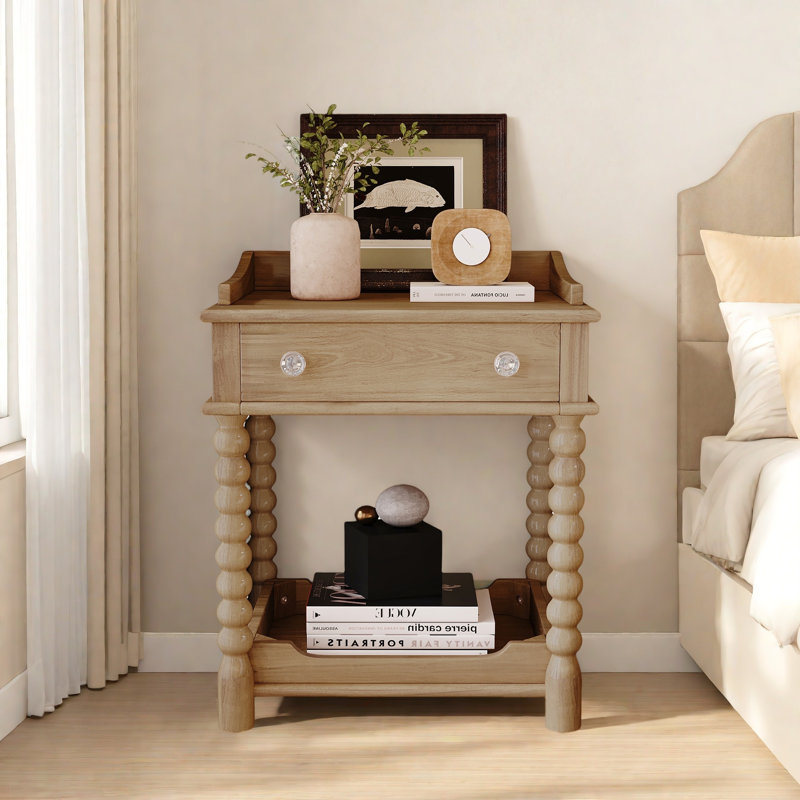 Retro Style Nightstand With 1 Drawer, An Open Shelf, Turned Legs And Metal Handles