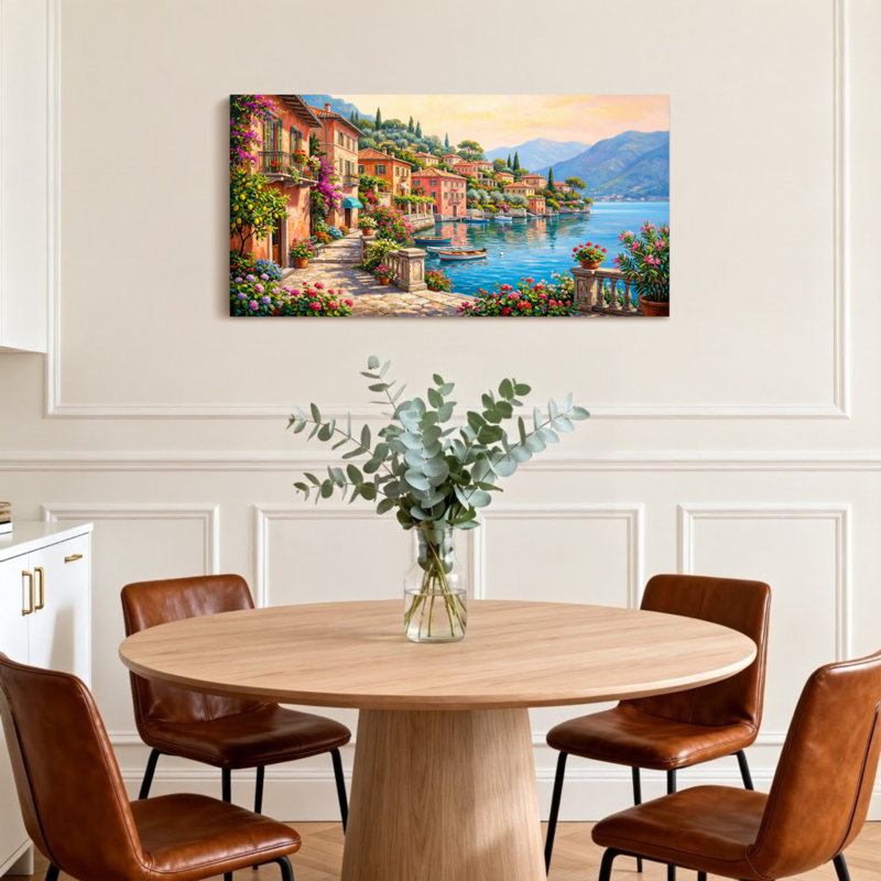 Scénique et paysages urbains colorés, village méditerranéen au bord de la mer, H 28 po x l 58 po