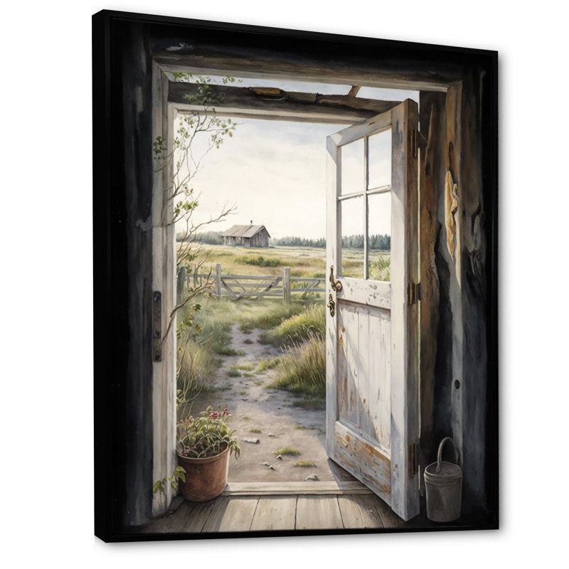 «View From A Cottage Country Door I - Farm Landscape», art mural, H 32 po x l 16 po, Cadre flottant noir