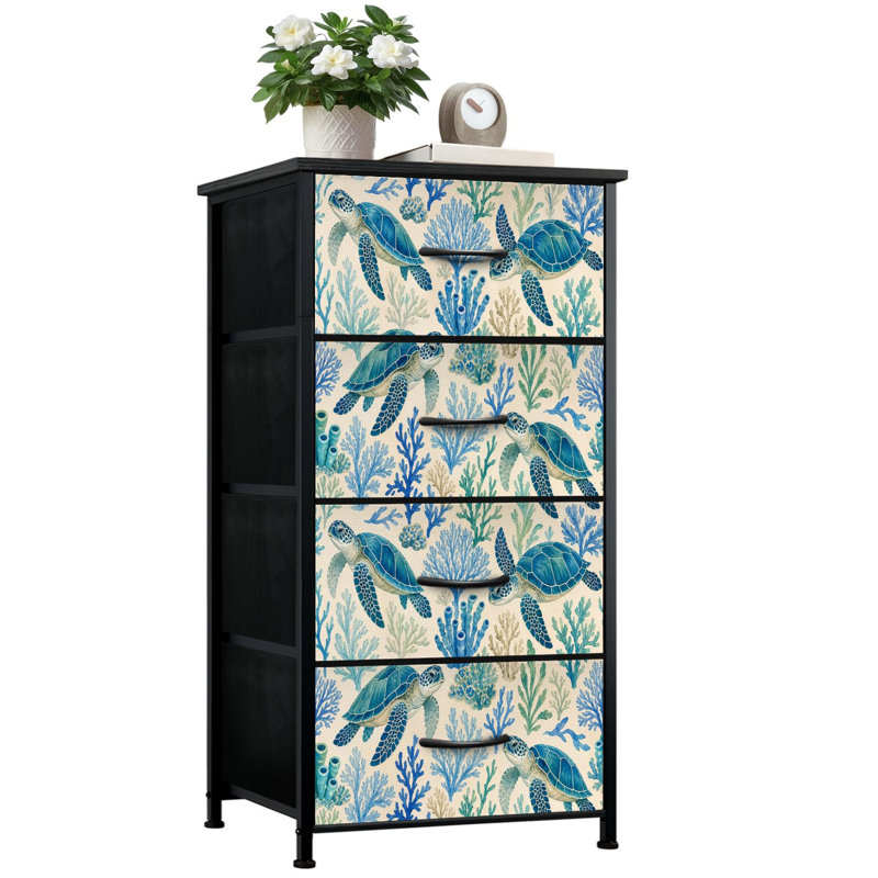 Commode de rangement verticale 4 tiroirs Tortue de mer bleu corail avec tiroirs en bois