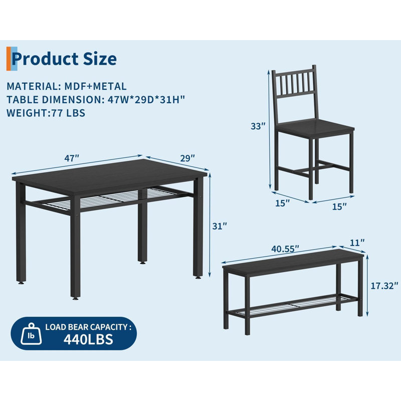 Ensemble de chaises de table de cuisine pour 4 à 47 po de style ferme avec banc et chaises, tablette de rangement et structure en métal, conception peu encombrante pour la salle à manger / cuisine / appartement (noir)