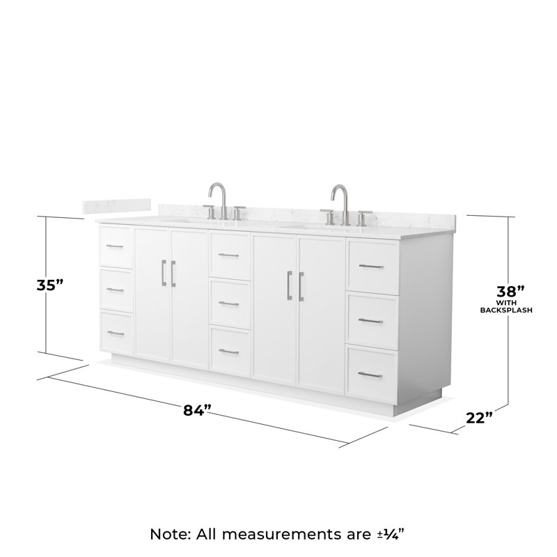 Ensemble de meuble-lavabo double 84 po Elan, Blanc avec garniture nickel brossé, Comptoir en marbre de culture de Carrare