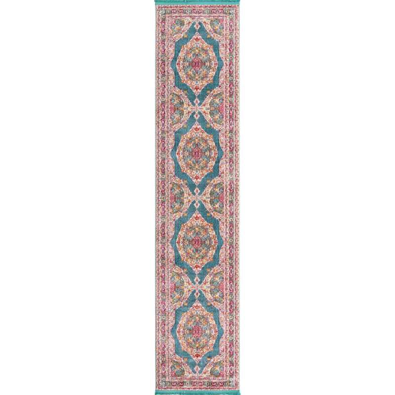 Tapis contemporain Mulvihill de couleur bleu sarcelle, Tapis de couloir 2 pi 7 po x 12 pi