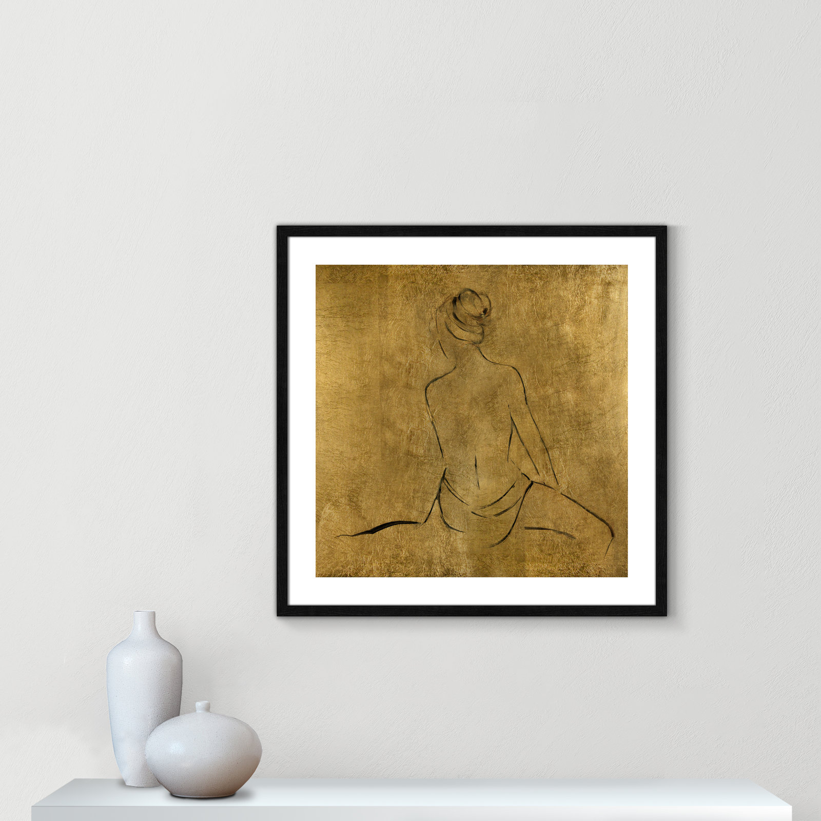 Golden Bather II by Sally Swatland - Painting Print, Black Wood Framed Paper, 28.75" H x 28.75" W x 0.75" D