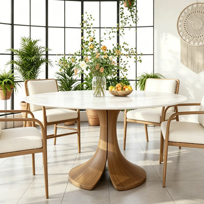 Aurora 47‘’/53‘’/59‘’ Farmhouse Round Sintered Stone Dining Table - Sculptural Solid Hardwood Pedestal For 4-8