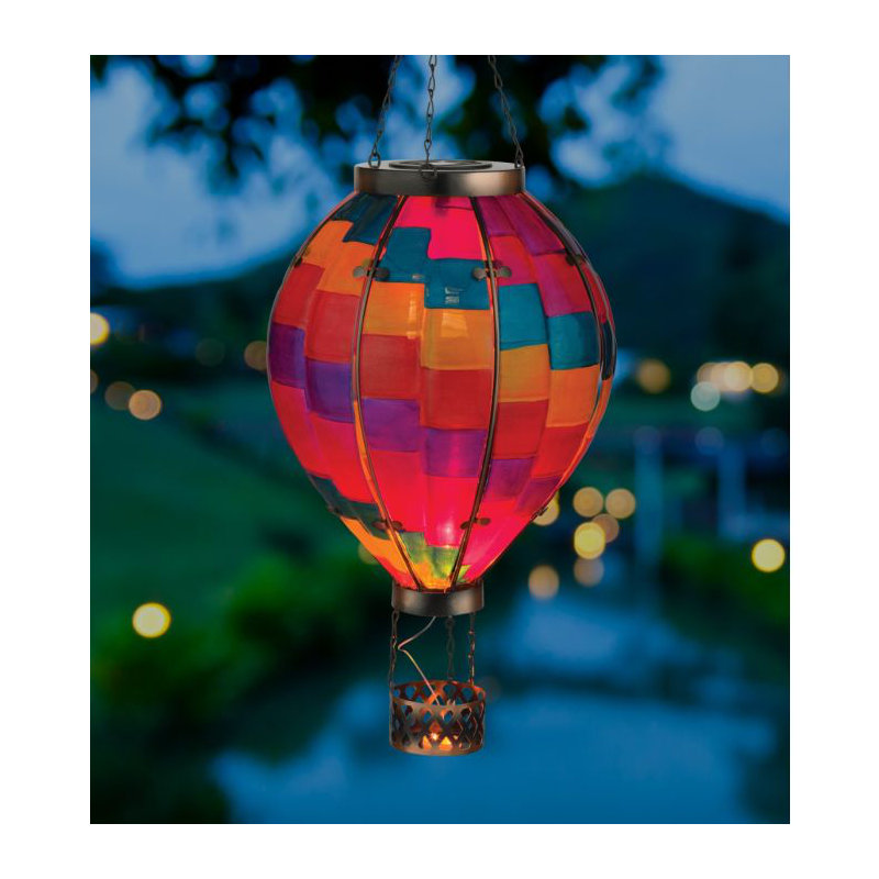 27" Hanging Solar Hot Air Balloon Lantern with Glass Panels and Metal Frame, Stripe