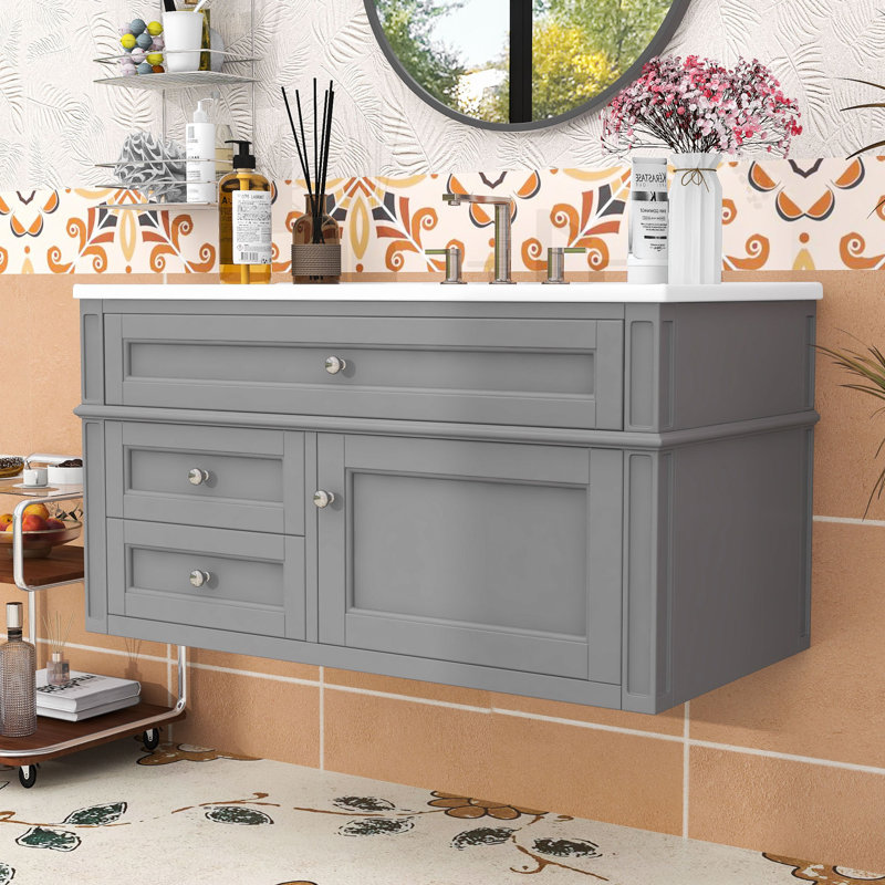 Meuble-lavabo flottant mural 36 po avec lavabo en céramique, 2 tiroirs et plateau basculant 36 po, Gris