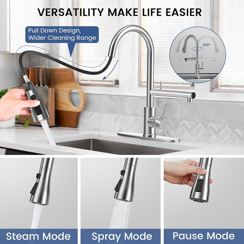 Brushed Nickel Stainless Steel Kitchen Faucet with Pull-Down Sprayer