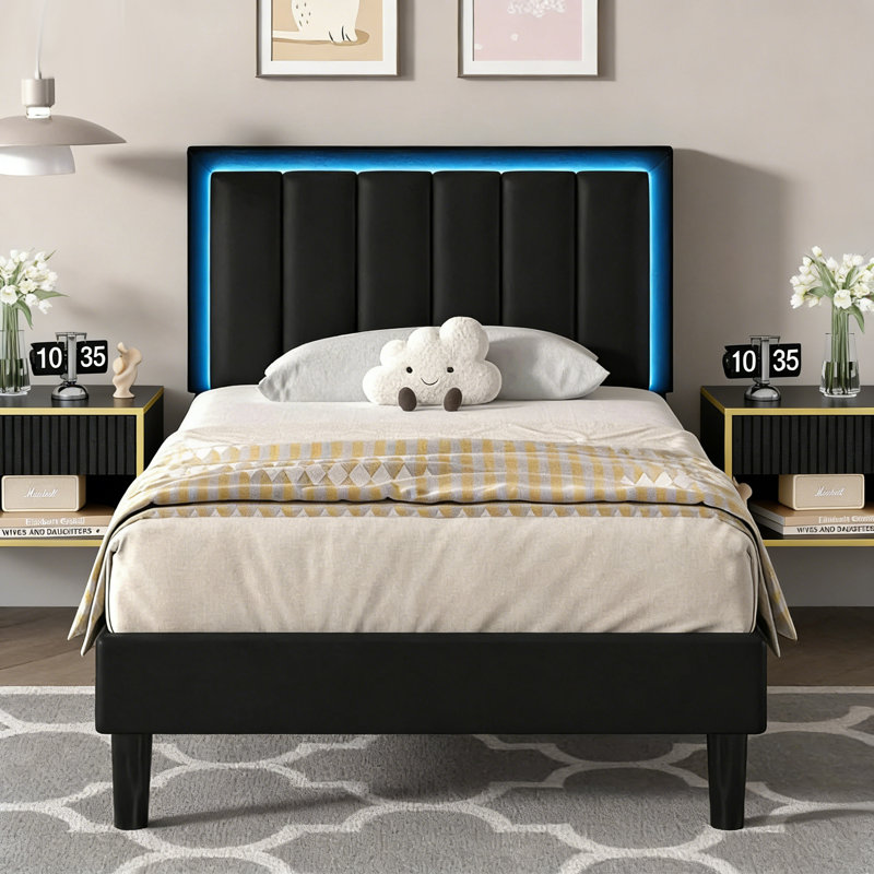 Ensemble de chambre à coucher 3 pièces Smart Bed en cuir avec 2 tables de chevet flottantes à DEL, Lit simple, Noir