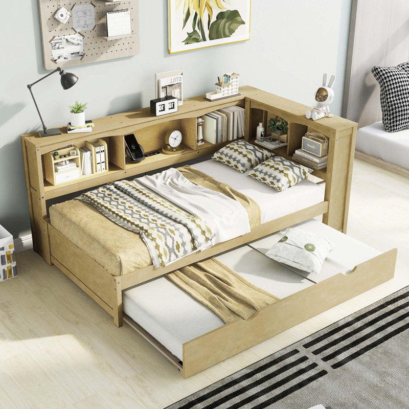 Daybed With Trundle,Storage Cabinets And USB Ports, Natural