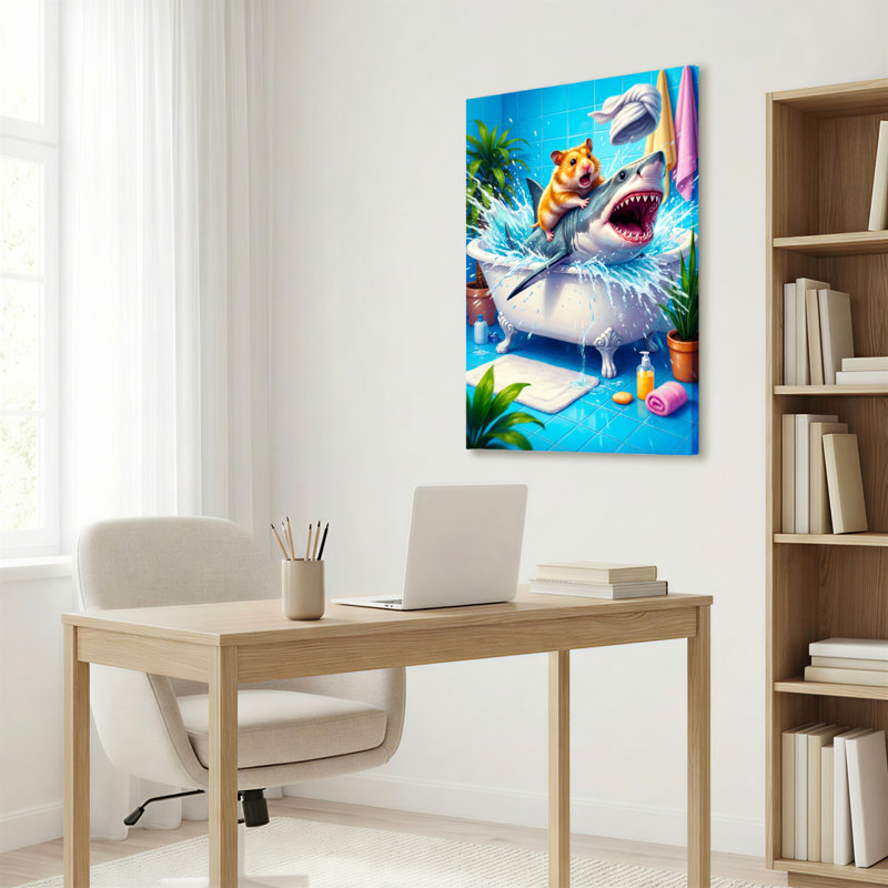 Hamster Riding Shark In Bathtub Canvas Wrapped Wall Art Oil Painting Print Set Of 1, 18" H x 12" W