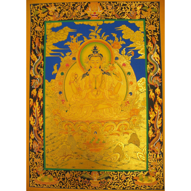 Chengrezig avec bordure de dragon en bleu (Thangka Brocadeless)
