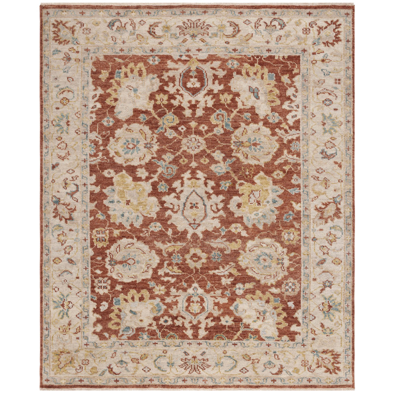 Tapis oriental en laine / coton noué à la main rouille / beige, Rectangle 9 pi x 12 pi