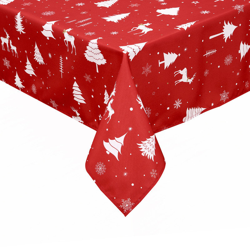 Christmas Table Cloth, Waterproof Holiday Xmas Deer Tree Kitchen Christmas Table Cover, 137cm D x 274cm L, White/Red