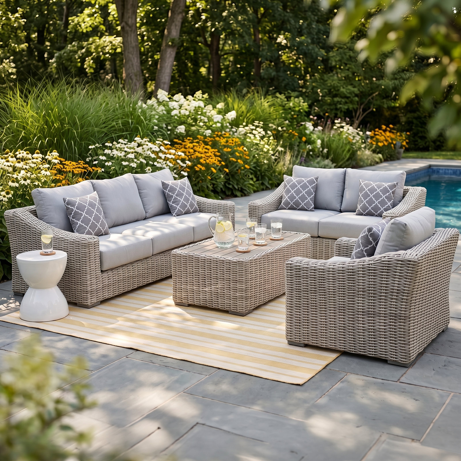 Sommer Wicker 6 - Person Patio Conversation Set with Cushions, Light Gray