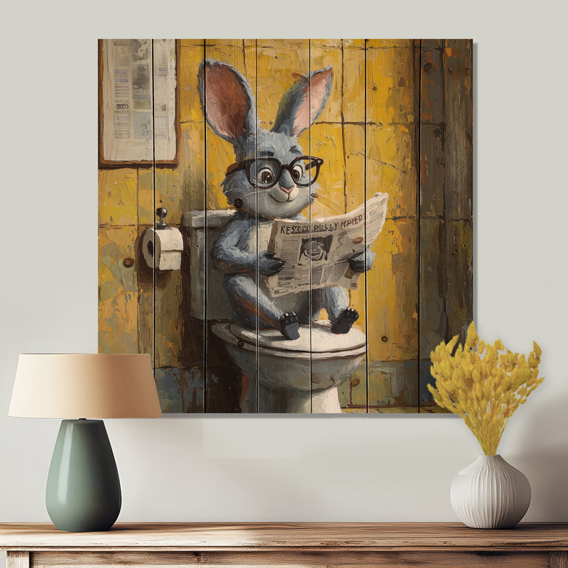 Lapin avec des lunettes dans la toilette I - Décoration murale animal en bois de lapin - sur bois de pin naturel