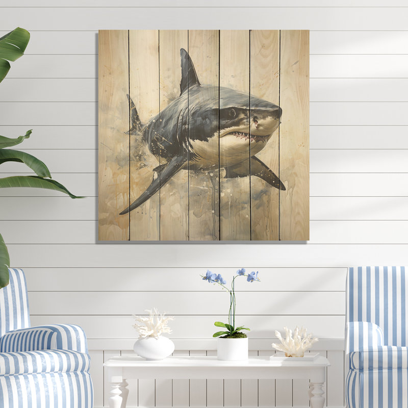 Grey Shark Shadows I - Coastal Animal On Wood Print, 25" H x 25" W