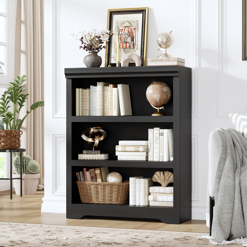 3-Tier Farmhouse Bookshelf - 39.4" Tall Adjustable Bookcase with Anti-Tip Kit - 31.5" Wide Open Storage Rack for Living Room, Office, Library - High-Density MDF Display Stand, Black