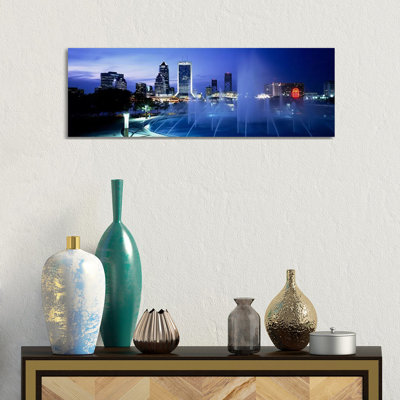 Fountain, Cityscape, Night, Jacksonville, Florida, USA - Wrapped Canvas Panoramic Print