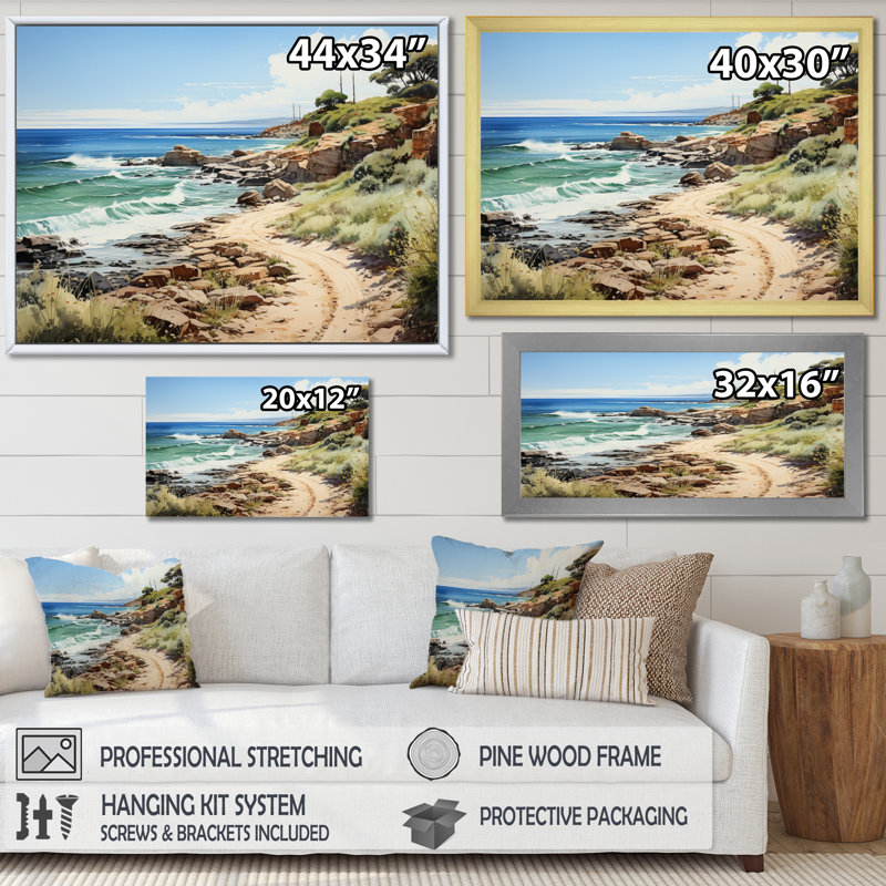 «Biddeford Rocky Beach Coastal Pathway», reproduction sur toile, Cadre flottant doré, H 16 po x l 32 po x P 1 po