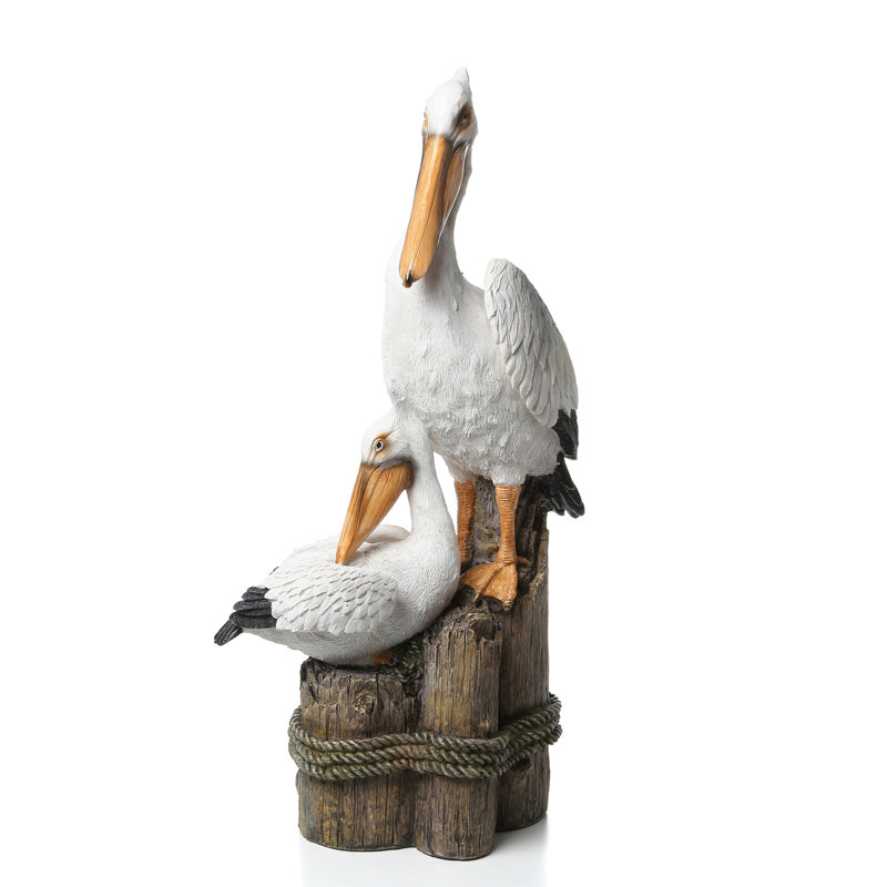 Coastal Pelican Pair on Faux Wood Pilings Statue