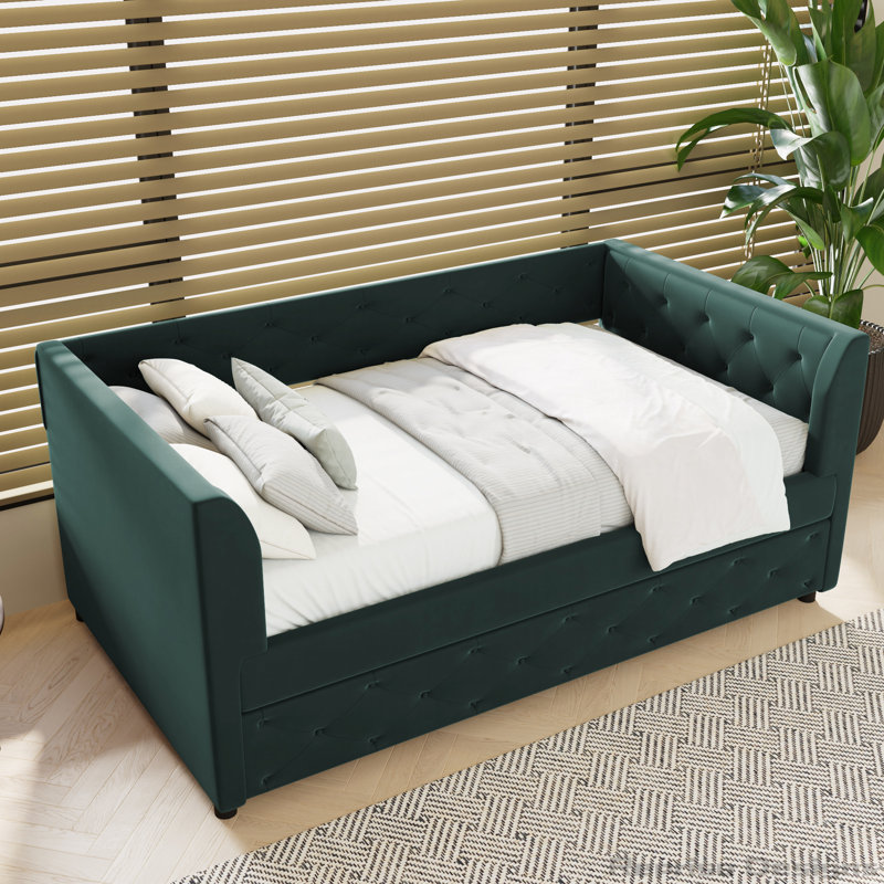 Upholstered Velvet Tufted Daybed with Trundle, Green