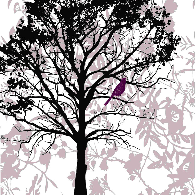 Silhouette d'un arbre avec un oiseau prune, impression sur toile tendue, L 12 po x H 12 po