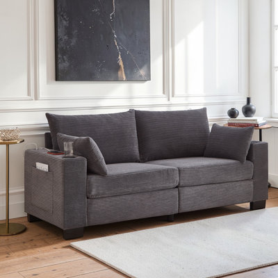 Brooklington 78" Corduroy Upholstered Loveseat with USB Port, Cup Holders And Side Pocket