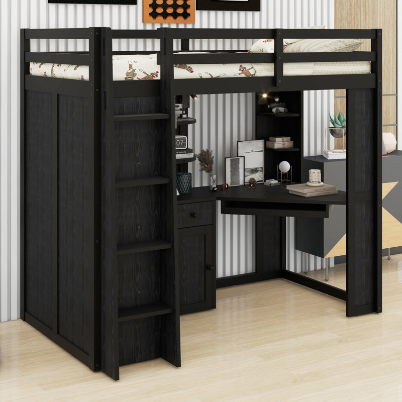 Lit mezzanine avec armoire de rangement intégrée, bureau et station de charge, Noir