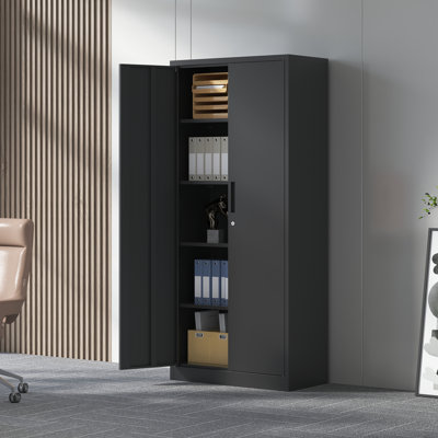 Armoire de rangement en métal 71 po H, armoire verrouillable en acier à outils noir avec portes et 4 tablettes, grands classeurs pour systèmes de rangement de garage